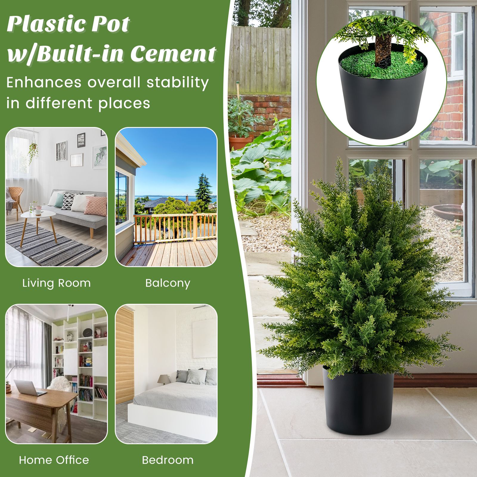 Set of 2 Artificial Cedar Topiary Ball Trees with Cement Pot